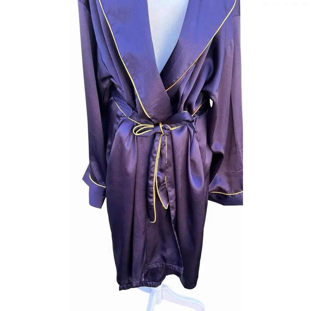 Victoria's Secret Satin Kimono Robe XL Dark Purple Gold Trim Long Belted Pockets